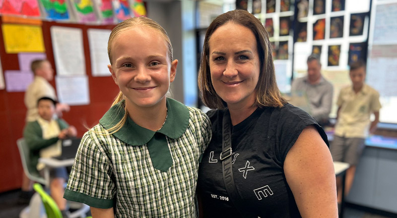 Student with her mum in the classroom at St Mary MacKillop Primary School South Penrith