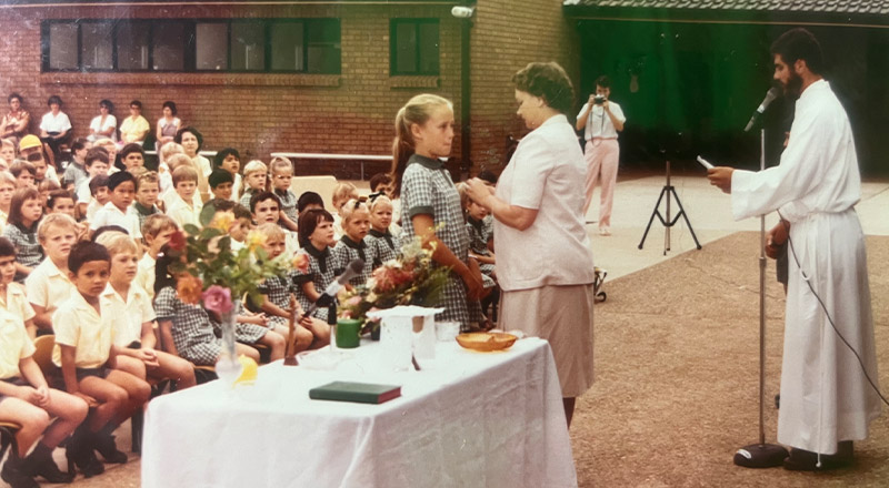 Students during assembly in 1986 at St Mary MacKillop Primary School South Penrith
