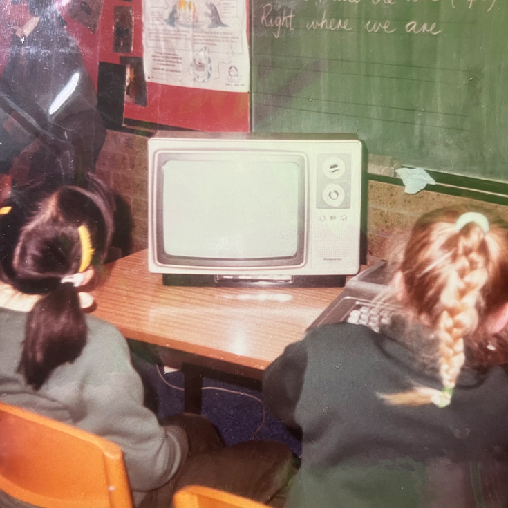 Students using a computer in the classroom in 1985 at St Mary MacKillop Primary School South Penrith